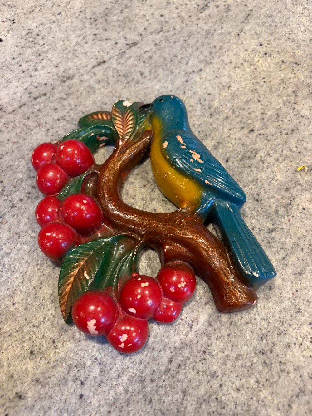 Vtg Miller Chalkware Bird on Cherry Branch Wall Plaque